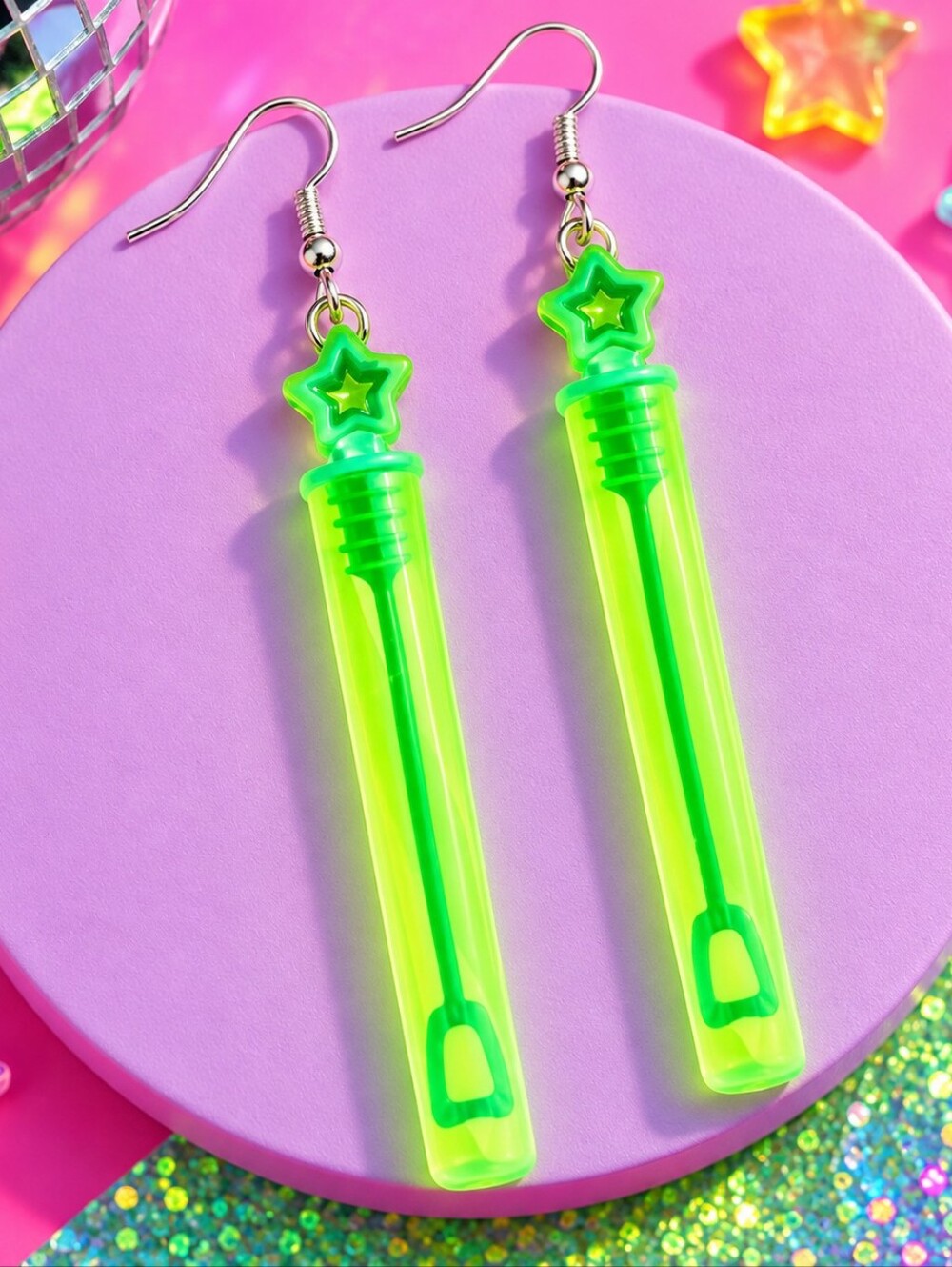 MODCLOTH NEON GREEN BUBBLE WAND EARRINGS 2